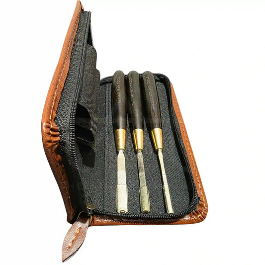 vista frontal del estuche de 3 limas de diamante para cerámica